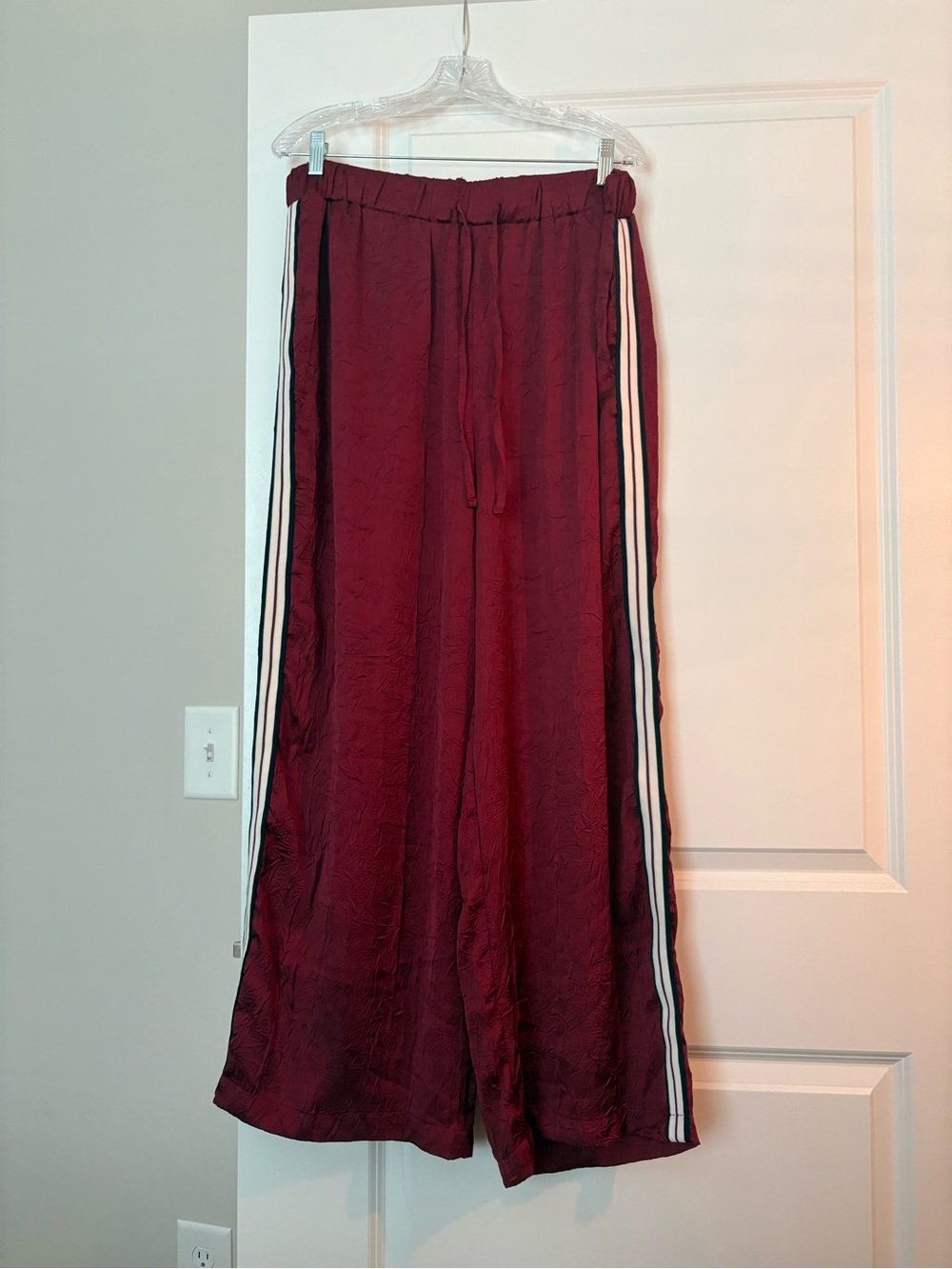 Wide Leg Drawstring Pants in Burgundy with Side Stripes